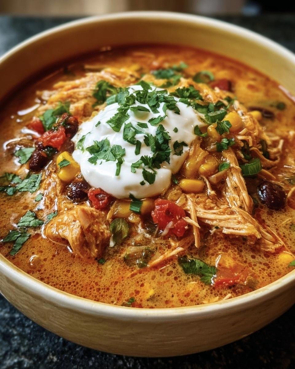 A bowl of Creamy Chicken Enchilada Soup topped with sour cream and fresh cilantro.