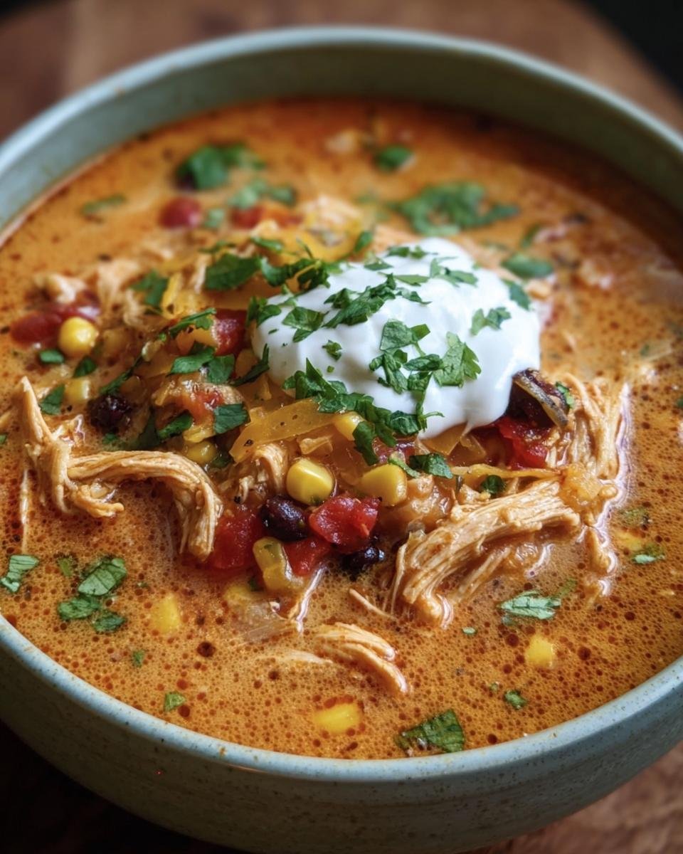 A bowl of Creamy Chicken Enchilada Soup, topped with sour cream, cilantro, corn, and black beans.