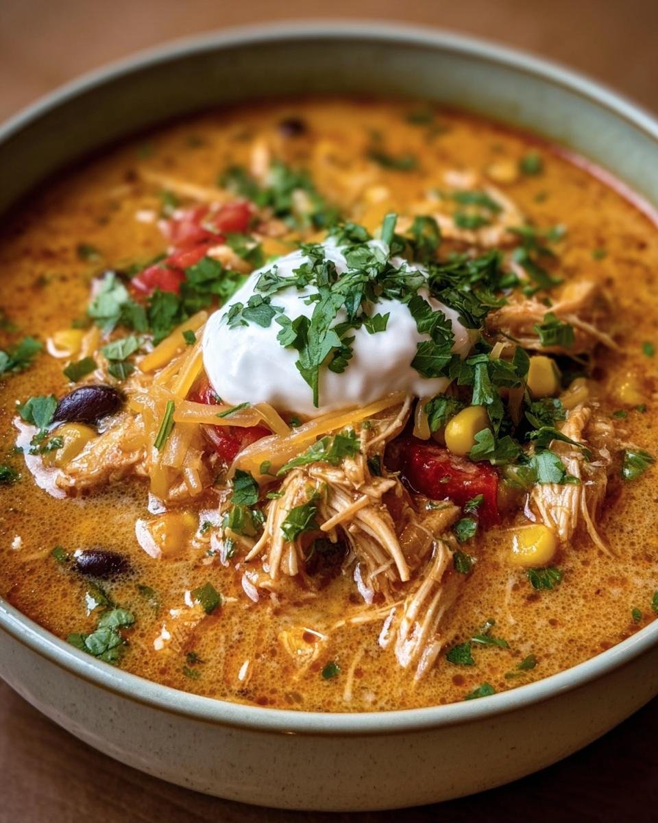 Bowl of Creamy Chicken Enchilada Soup topped with sour cream, cheese, and cilantro.