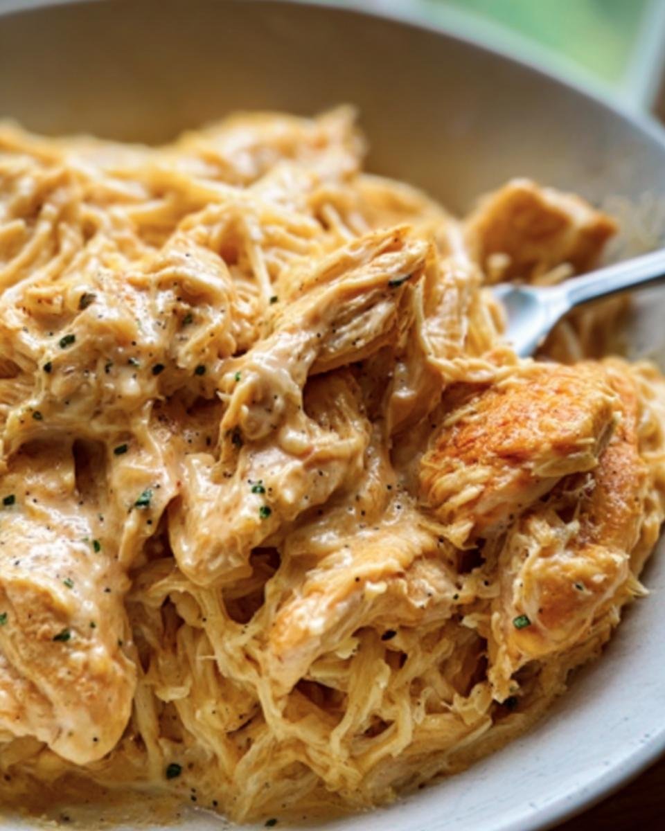 Close-up of Creamy Crock Pot Chicken served over noodles in a bowl, garnished with herbs.