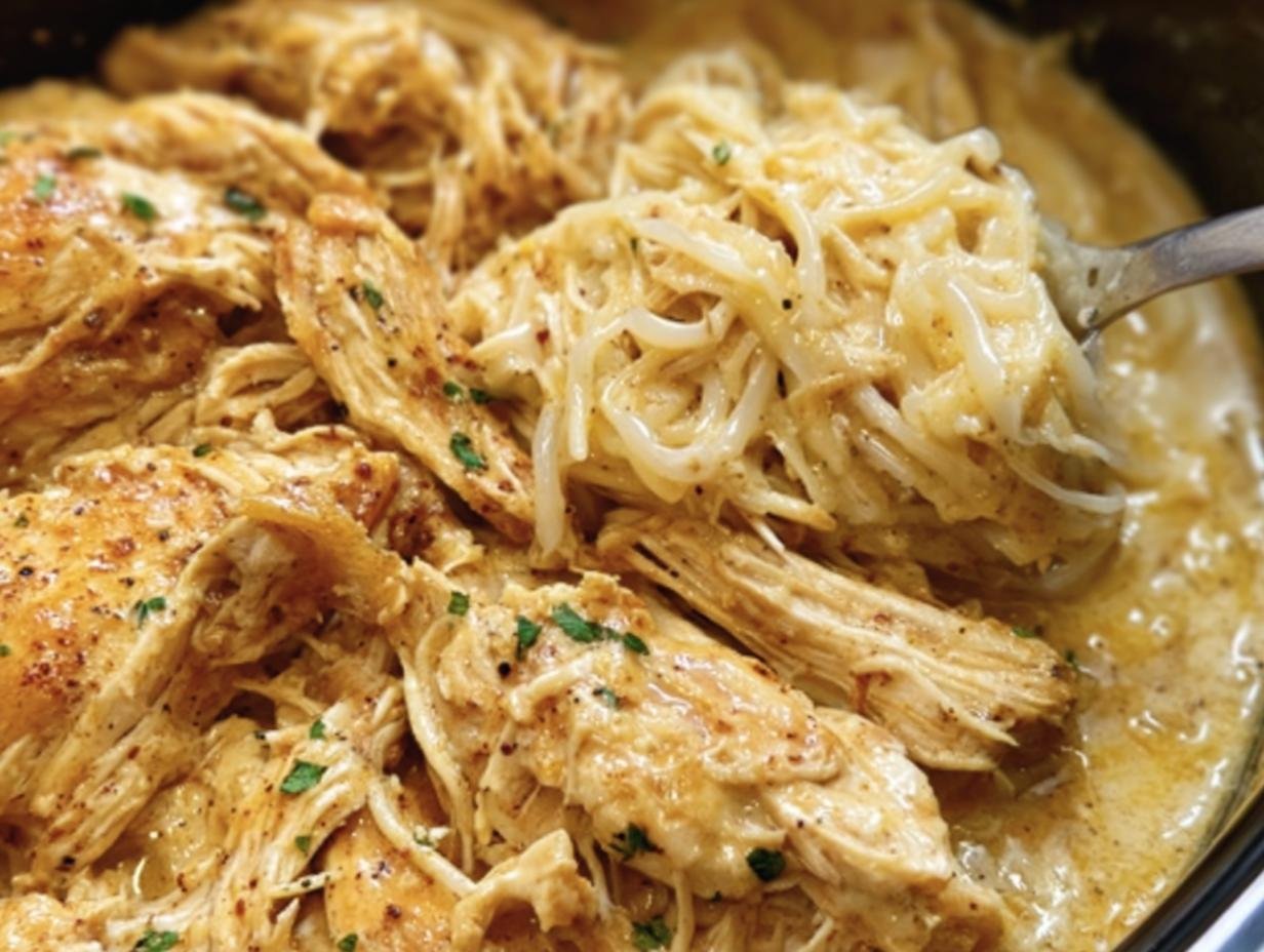 Close-up of Creamy Crock Pot Chicken with noodles in a slow cooker, garnished with parsley.