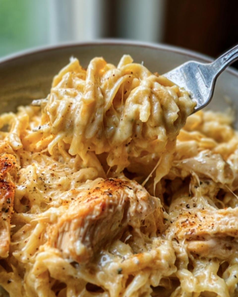 Close-up of creamy crock pot chicken and pasta on a fork, showing the cheesy sauce and tender chicken pieces.