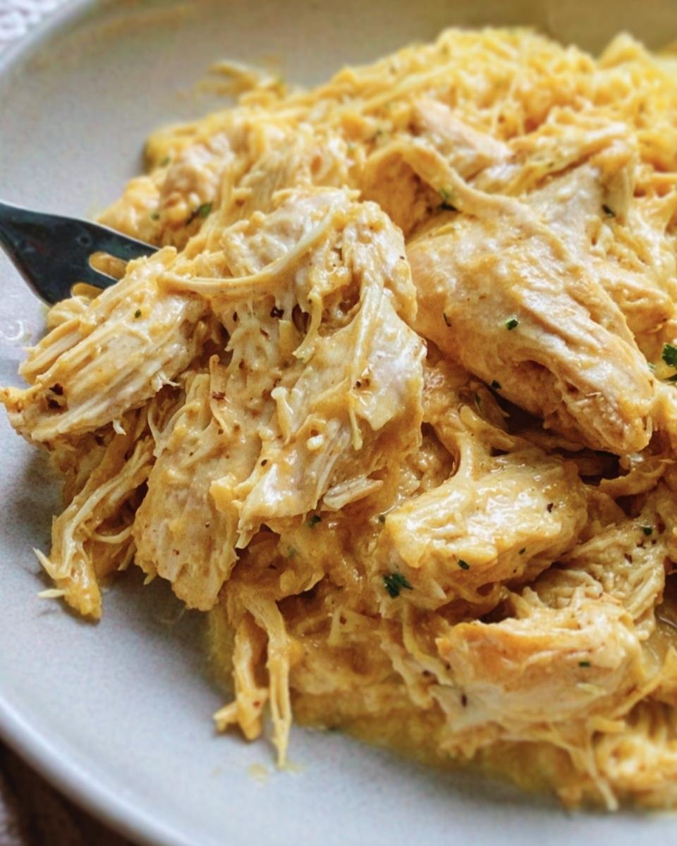 Close-up of Creamy Crock Pot Chicken served on a plate with a fork, showcasing its tender, shredded texture.