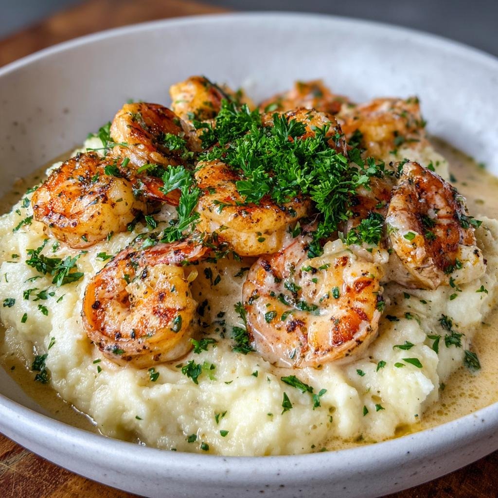 Bowl of Creamy Garlic Shrimp Over Mashed Potatoes, garnished with fresh parsley.