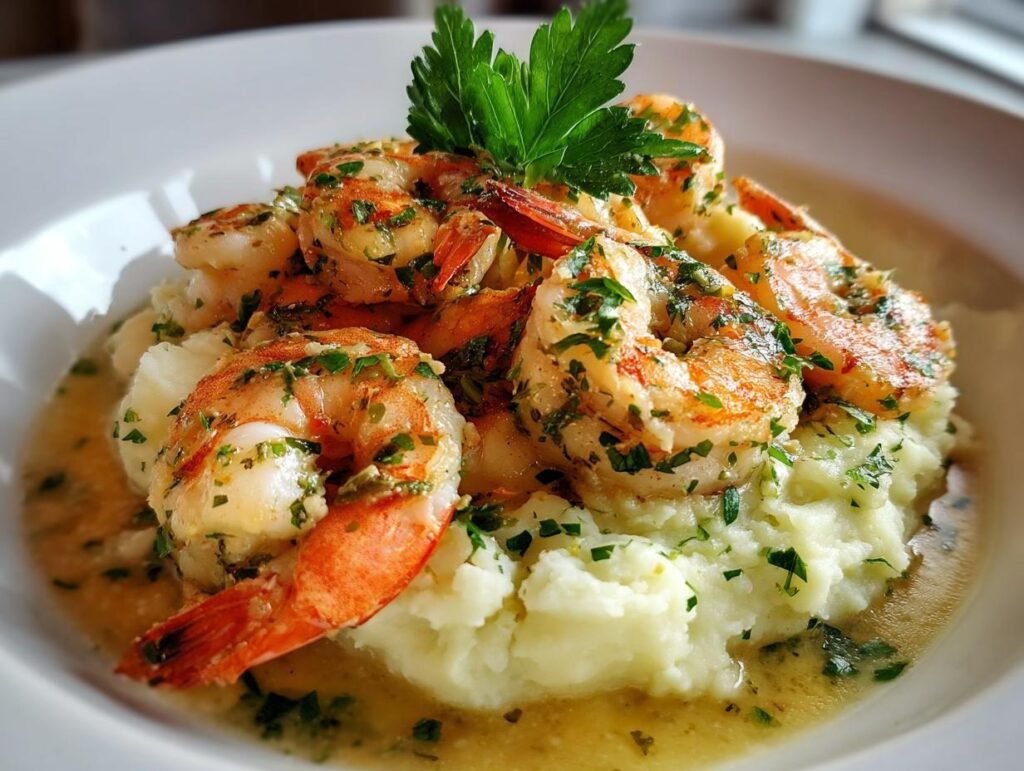 Delicious Creamy Garlic Shrimp Over Mashed Potatoes, garnished with fresh parsley on a white plate.