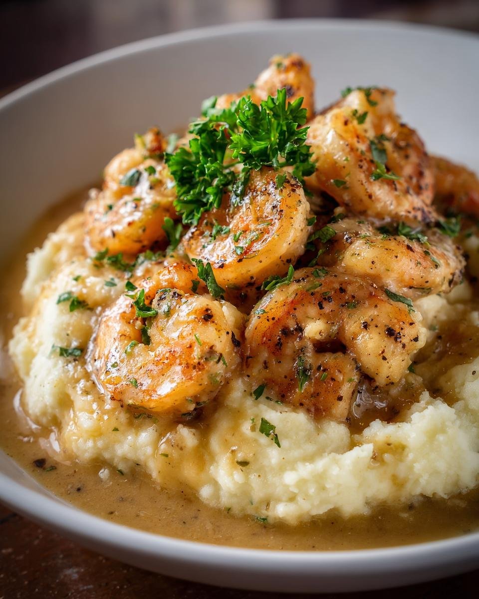A bowl of Creamy Garlic Shrimp Over Mashed Potatoes, garnished with parsley.