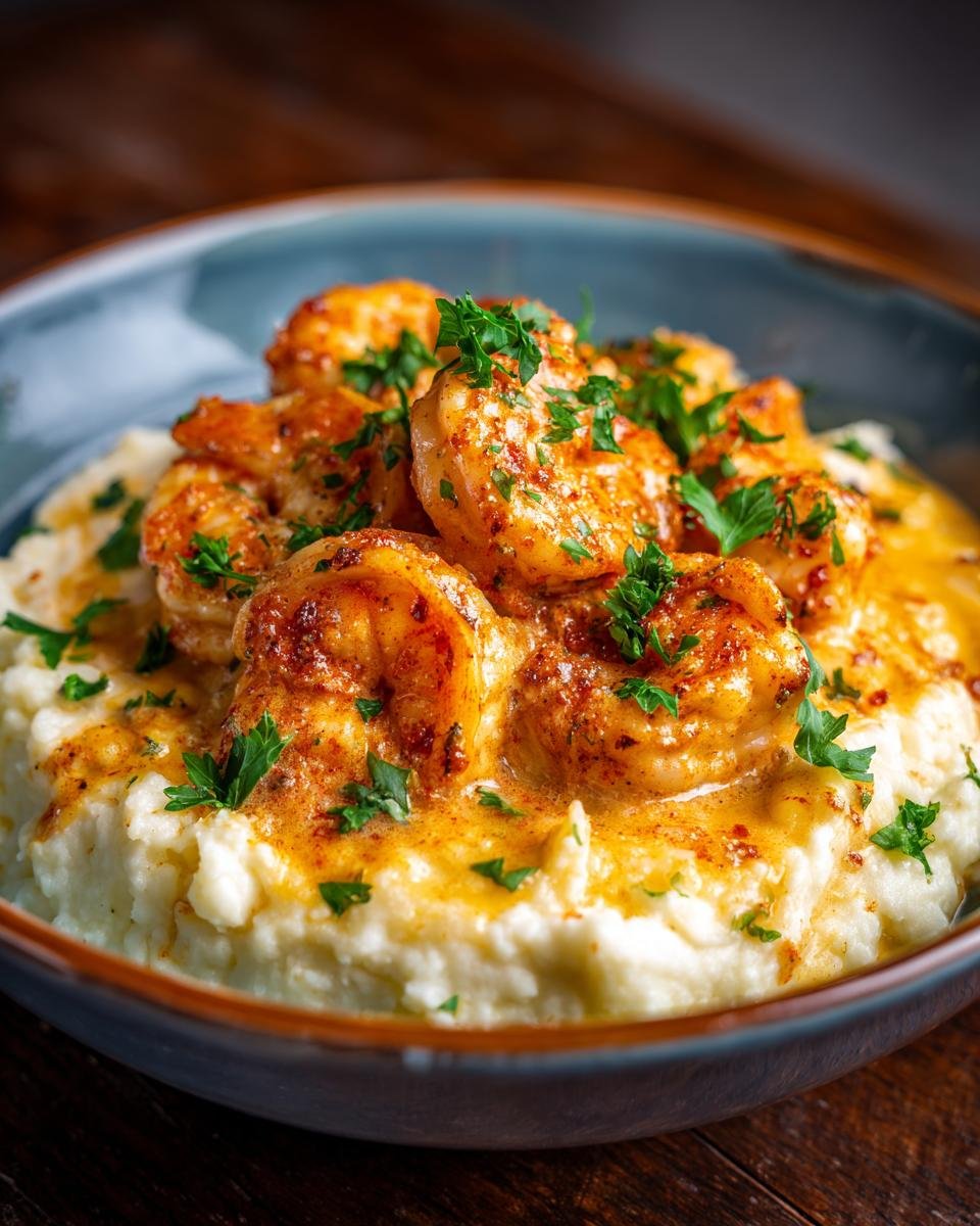 A bowl of creamy garlic shrimp over mashed potatoes, garnished with fresh parsley.