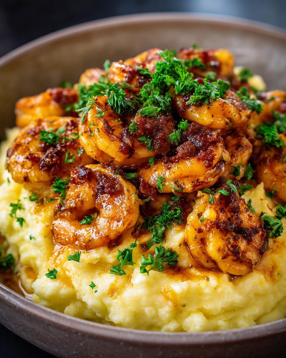 A bowl of Creamy Garlic Shrimp Over Mashed Potatoes, garnished with fresh parsley.