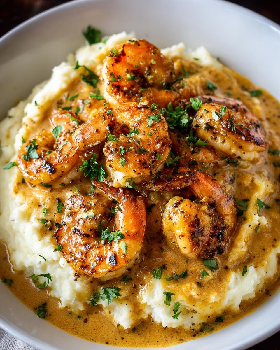 Bowl of Creamy Garlic Shrimp Over Mashed Potatoes, garnished with parsley. Delicious and easy recipe.