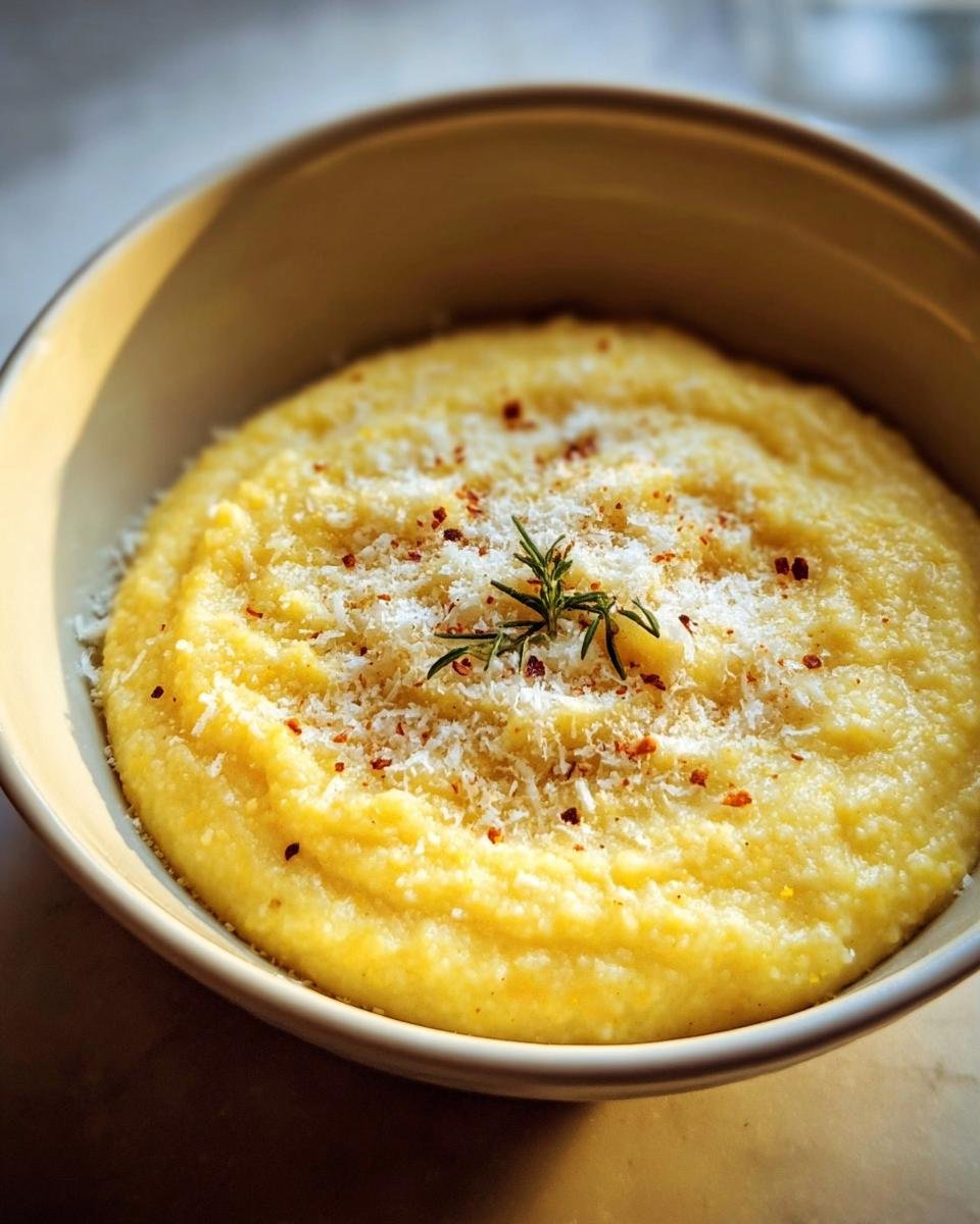 A bowl of Creamy Italian Polenta With Parmesan, garnished with rosemary and red pepper flakes.