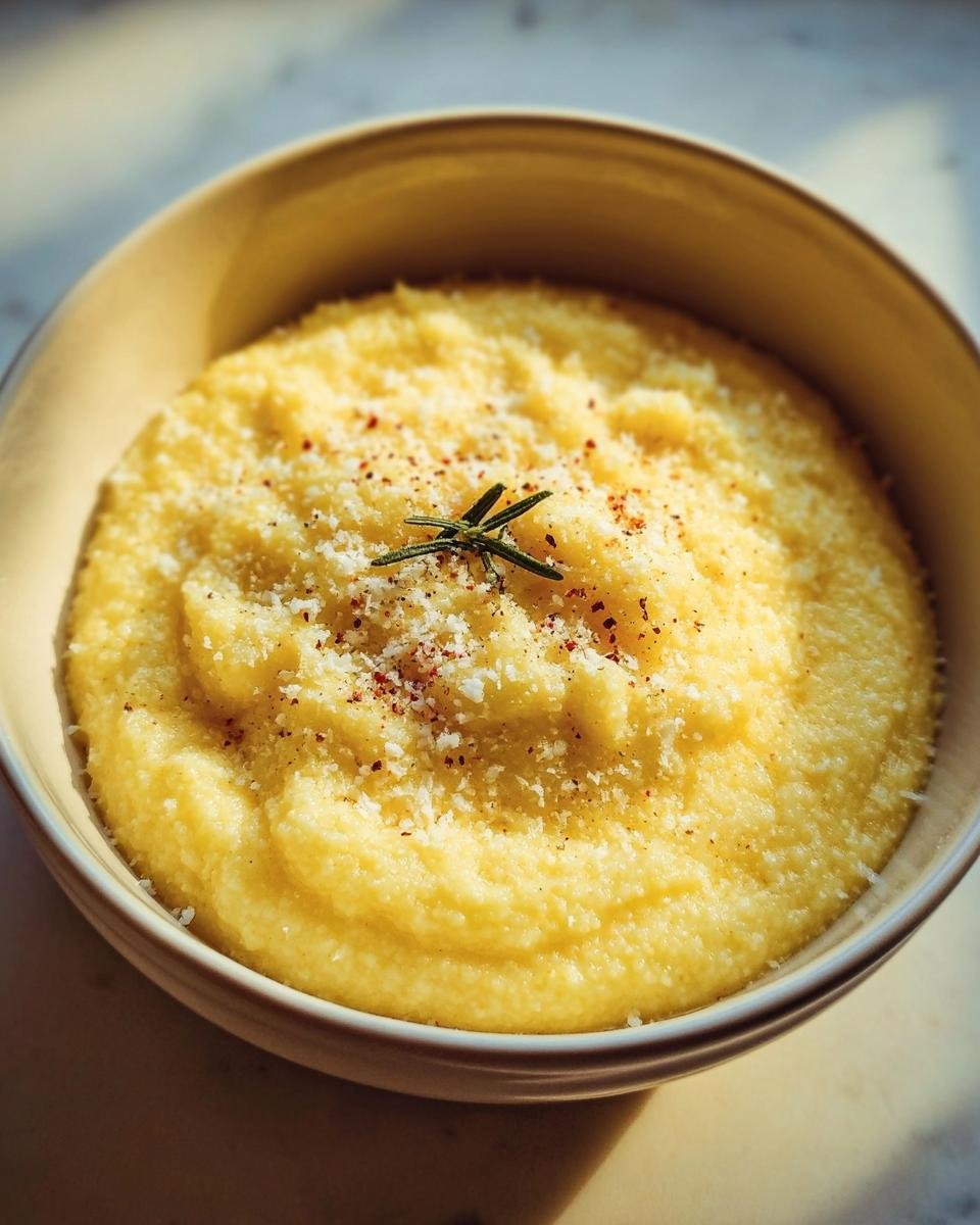 A bowl of Creamy Italian Polenta With Parmesan, garnished with rosemary and red pepper flakes.