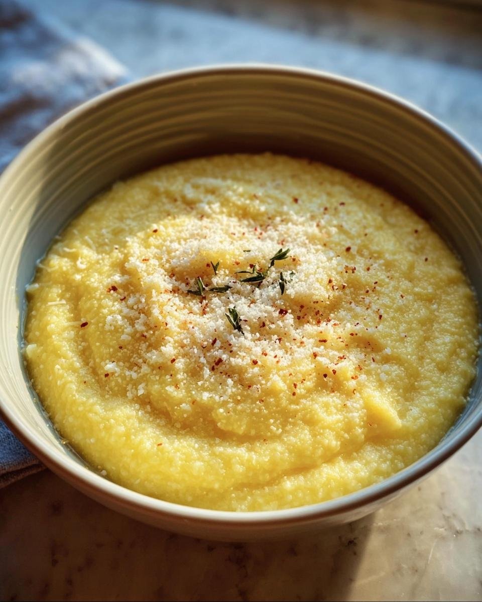 Bowl of Creamy Italian Polenta With Parmesan, garnished with herbs and red pepper flakes.