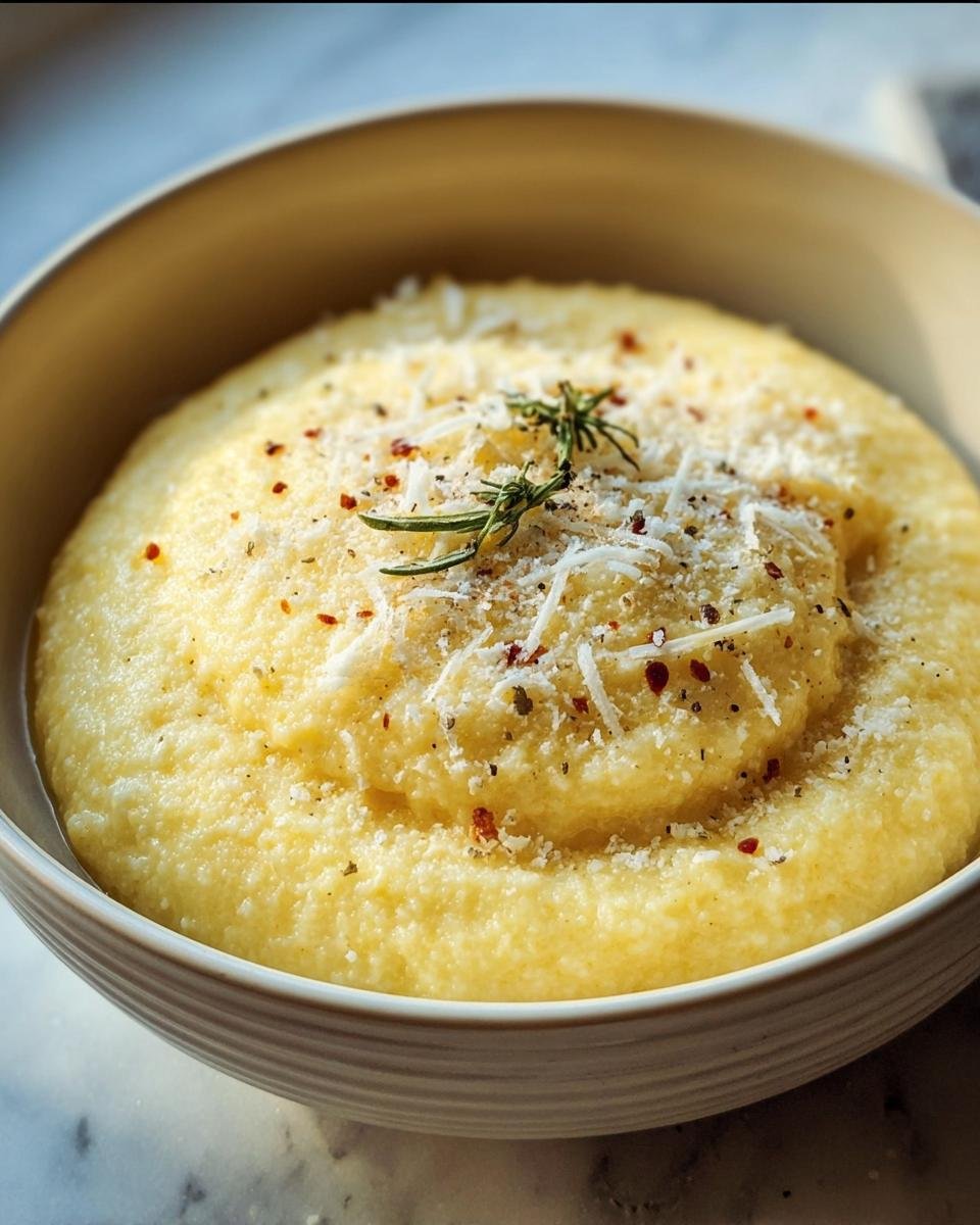 Bowl of Creamy Italian Polenta With Parmesan, garnished with rosemary and red pepper flakes.