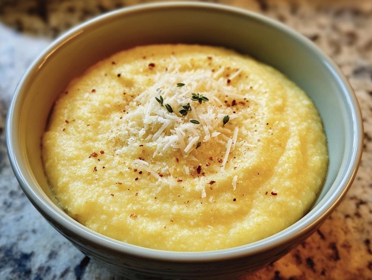 Bowl of Creamy Italian Polenta With Parmesan cheese and herbs, ready to eat.