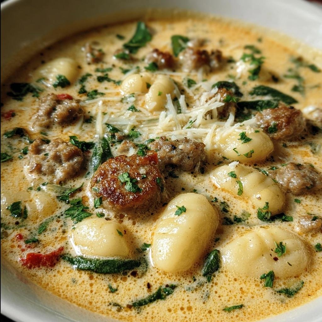 A bowl of Creamy Italian Sausage Gnocchi Soup, featuring gnocchi, sausage, spinach, and parmesan.