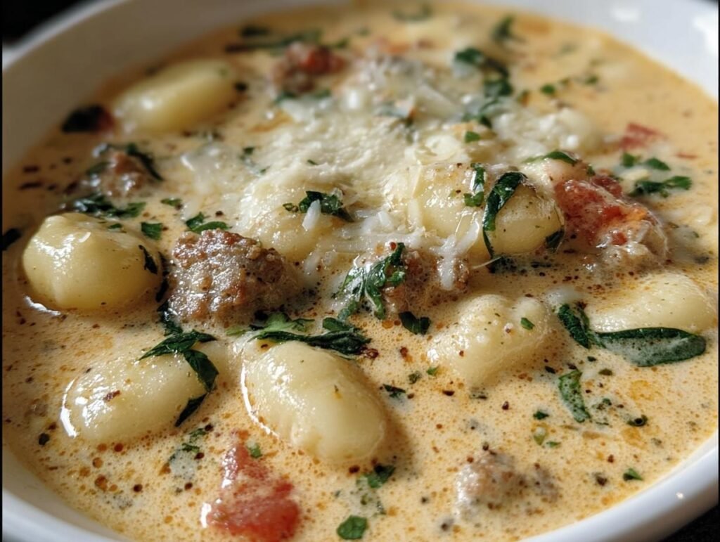 A bowl of Creamy Italian Sausage Gnocchi Soup, garnished with parmesan and parsley.
