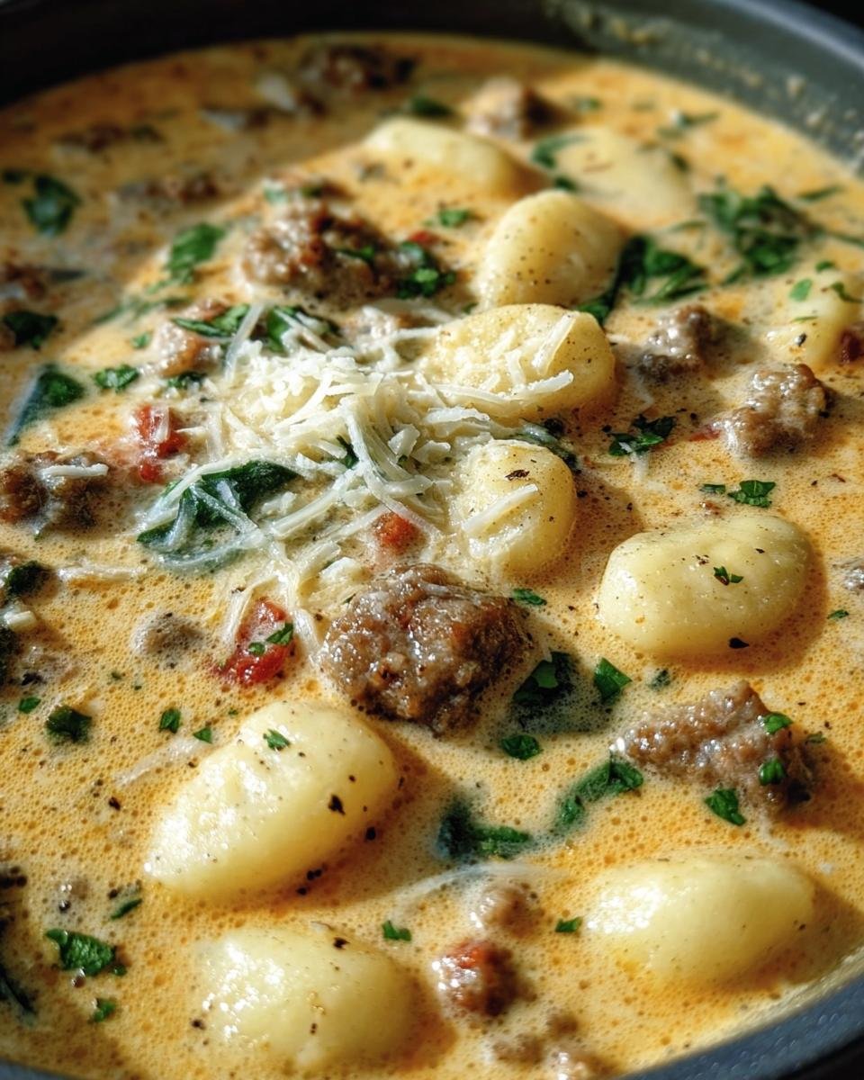 Close-up of Creamy Italian Sausage Gnocchi Soup with gnocchi, sausage, spinach and parmesan cheese.