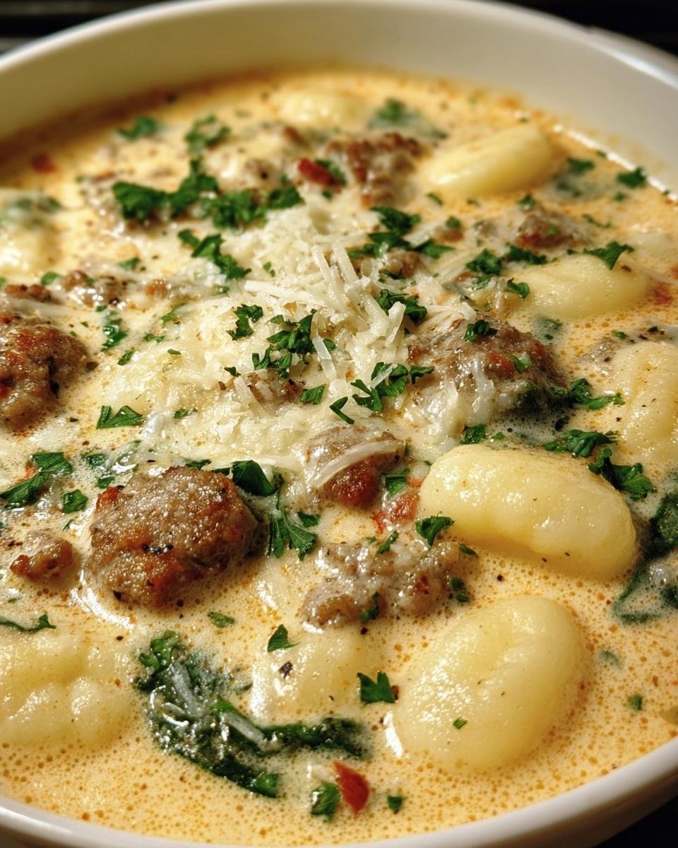 Close-up of a bowl of Creamy Italian Sausage Gnocchi Soup, garnished with parsley and parmesan.