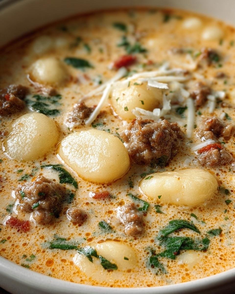 Close-up of a bowl of Creamy Italian Sausage Gnocchi Soup with gnocchi, sausage, and spinach.