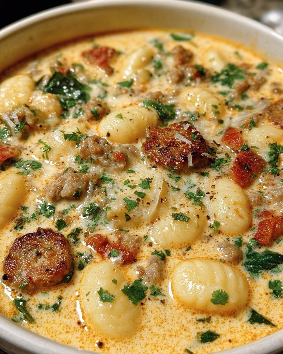Close-up of a bowl of Creamy Italian Sausage Gnocchi Soup, garnished with parsley and parmesan.