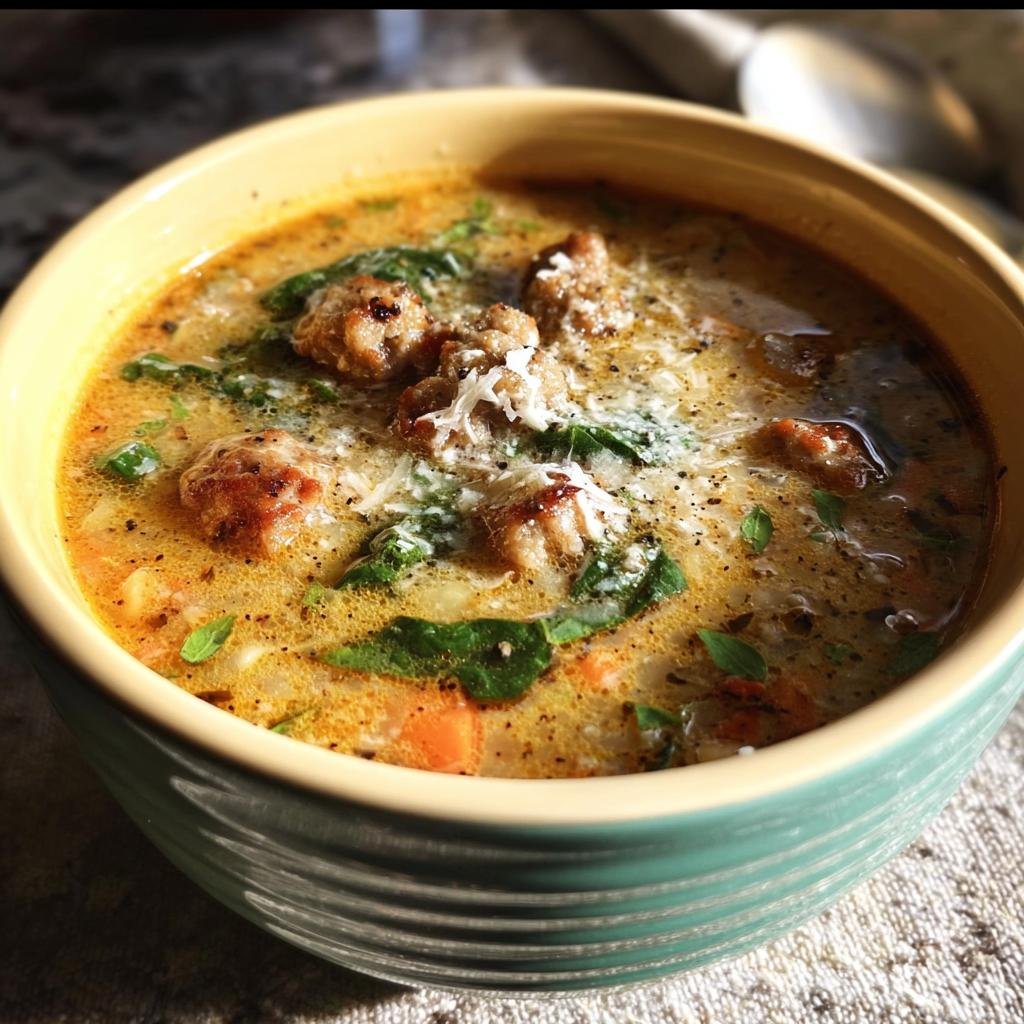 A bowl of Creamy Keto Italian Sausage Soup, featuring sausage, spinach, and a creamy broth.