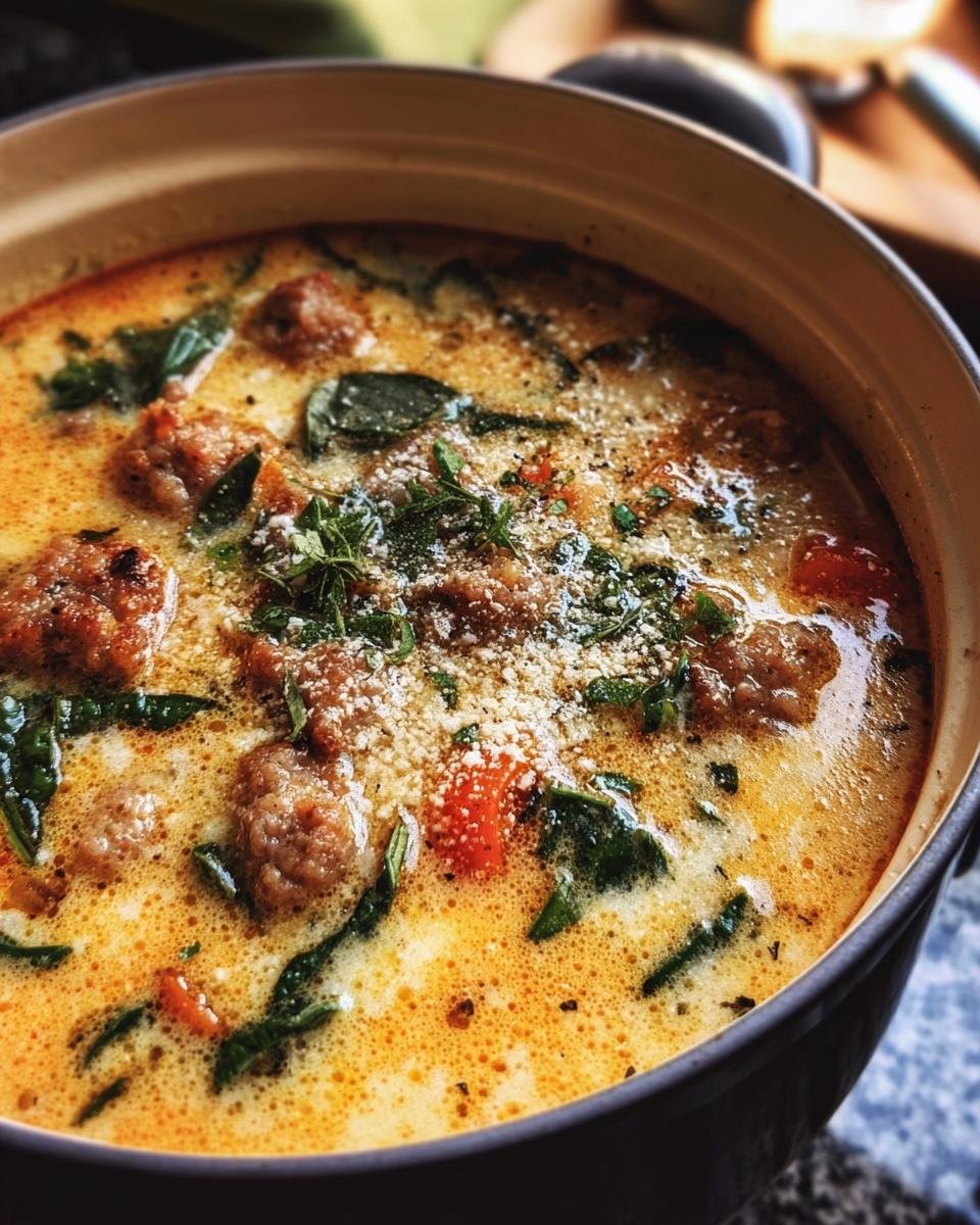 A pot of creamy Keto Italian Sausage Soup with spinach, herbs, and parmesan cheese.