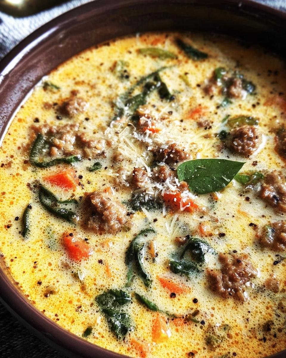 A bowl of Creamy Keto Italian Sausage Soup with sausage, spinach, and tomatoes.