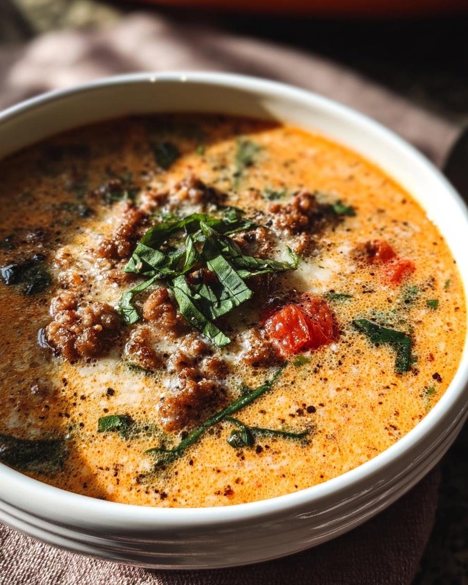 A bowl of Creamy Keto Italian Sausage Soup, garnished with fresh basil and tomatoes.