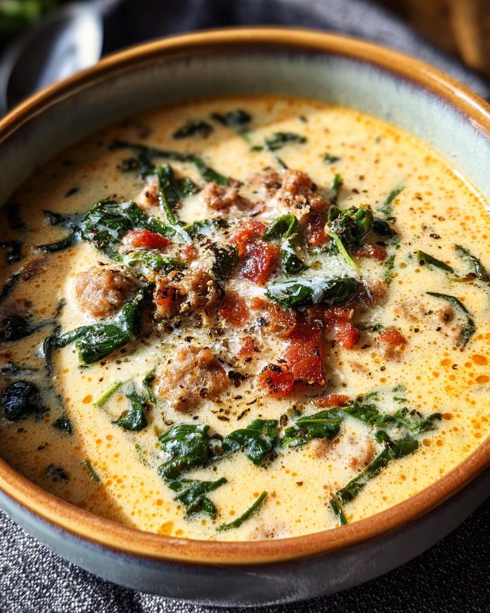A bowl of Creamy Keto Italian Sausage Soup with sausage, spinach, and tomatoes in a creamy broth.