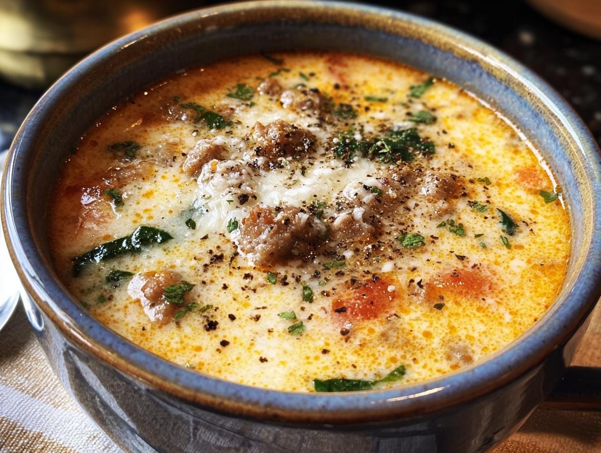 Close-up of Creamy Keto Italian Sausage Soup in a blue bowl, topped with sausage, herbs, and pepper.