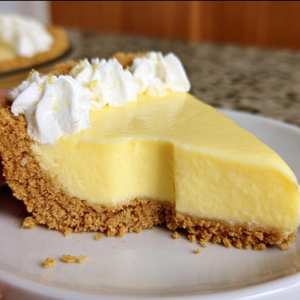 A slice of creamy Lemon Icebox Pie with graham cracker crust and whipped cream topping.