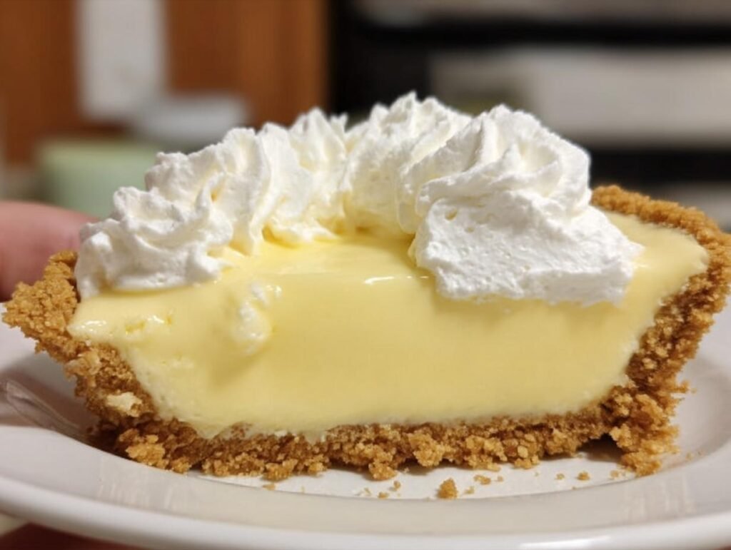 A slice of creamy Lemon Icebox Pie with a graham cracker crust and whipped cream topping.
