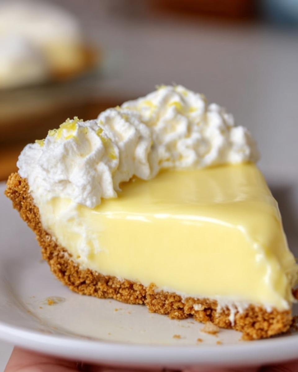 A delicious slice of creamy Lemon Icebox Pie topped with whipped cream and lemon zest.