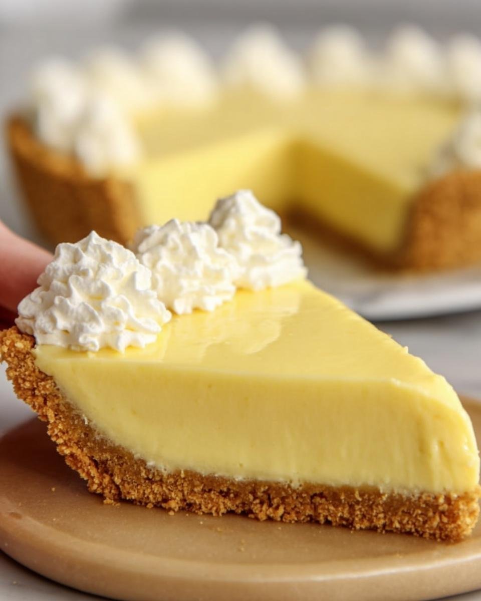 A slice of creamy Lemon Icebox Pie topped with whipped cream, showcasing its texture and graham cracker crust.