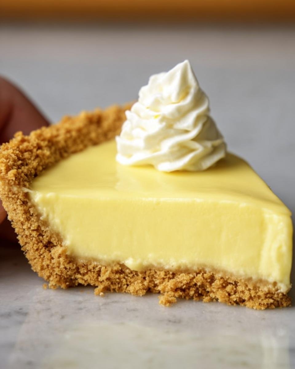 A slice of creamy Lemon Icebox Pie with graham cracker crust and whipped cream topping.