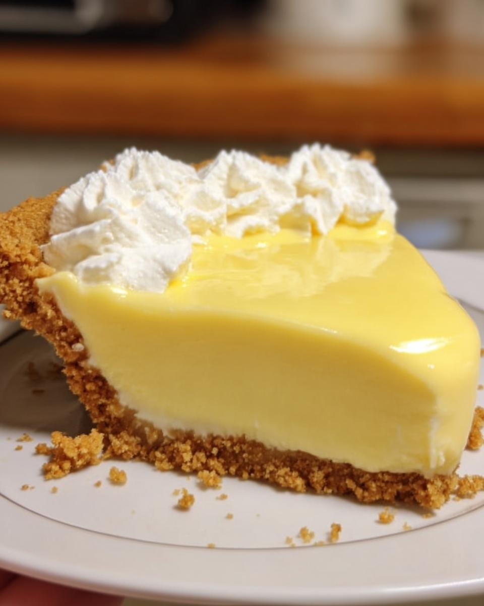 A delicious slice of creamy Lemon Icebox Pie with a graham cracker crust and whipped cream topping.
