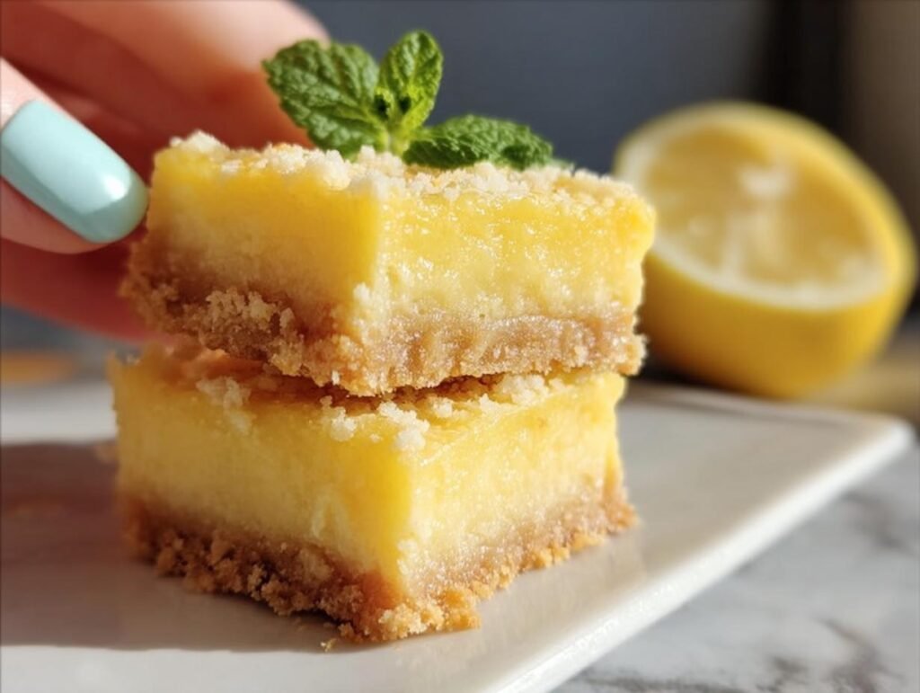Two stacked Creamy Lemon Squares topped with mint, showing the crust and creamy filling. A lemon is in the background.