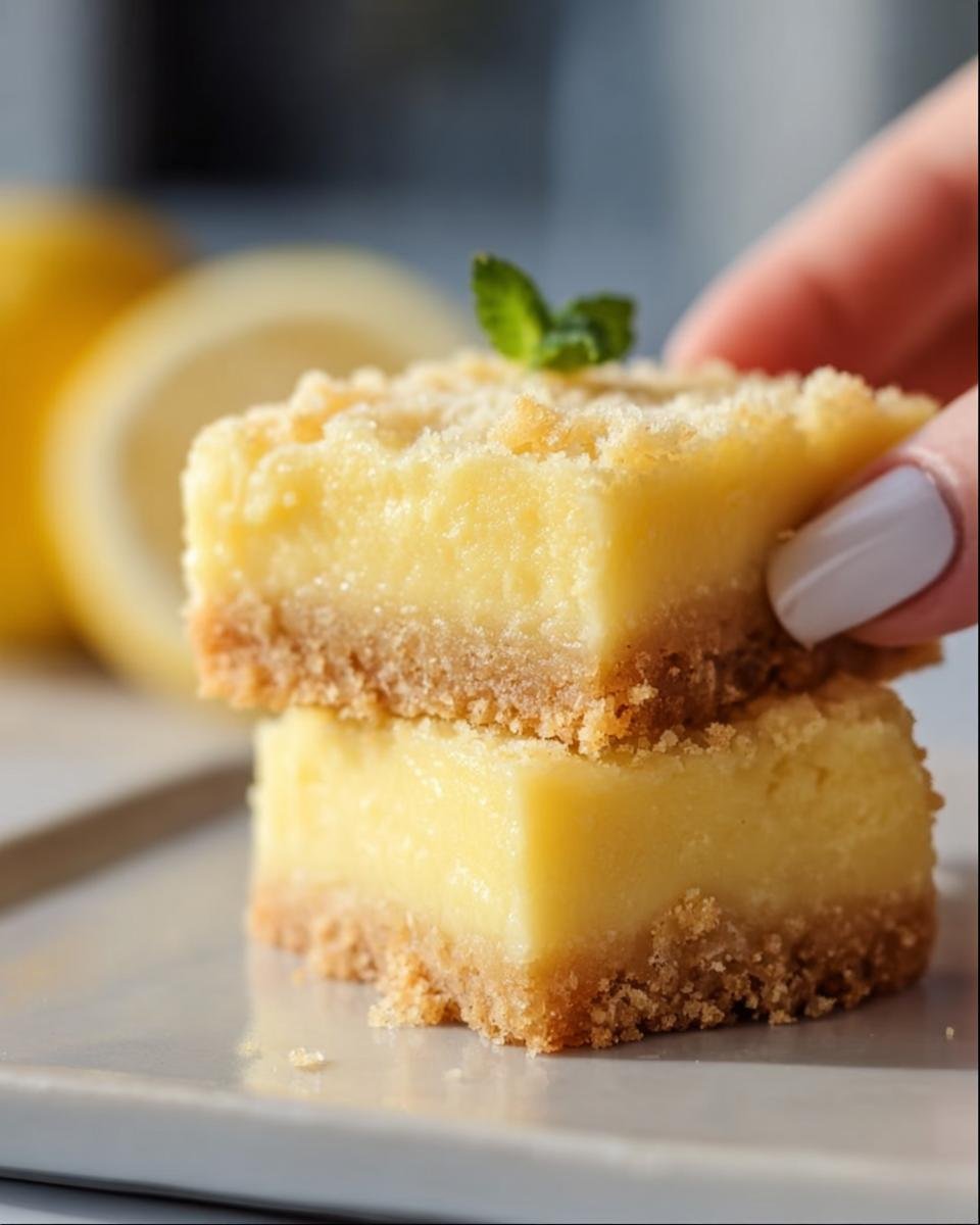 Two stacked Creamy Lemon Squares topped with a mint leaf. The bars have a golden crust and a smooth lemon filling.