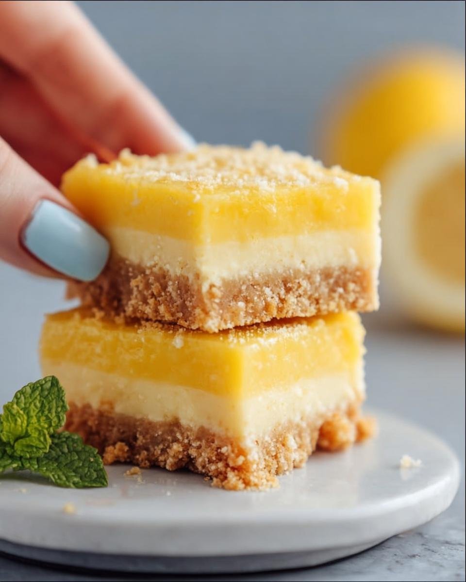 Two stacked Creamy Lemon Squares on a plate, garnished with mint. A hand is holding the top square.