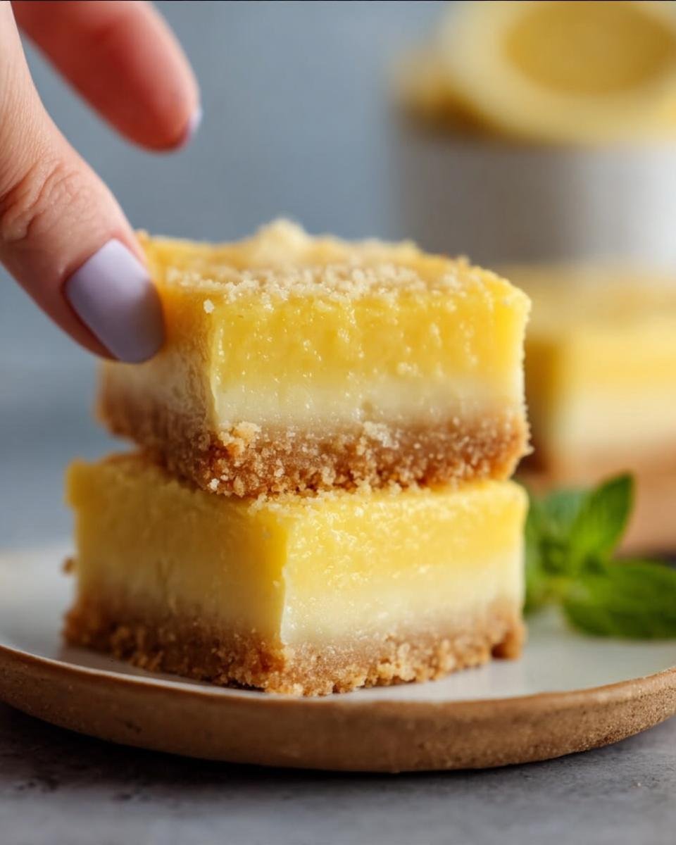 Two stacked Creamy Lemon Squares on a plate, showcasing the crust and lemon filling.