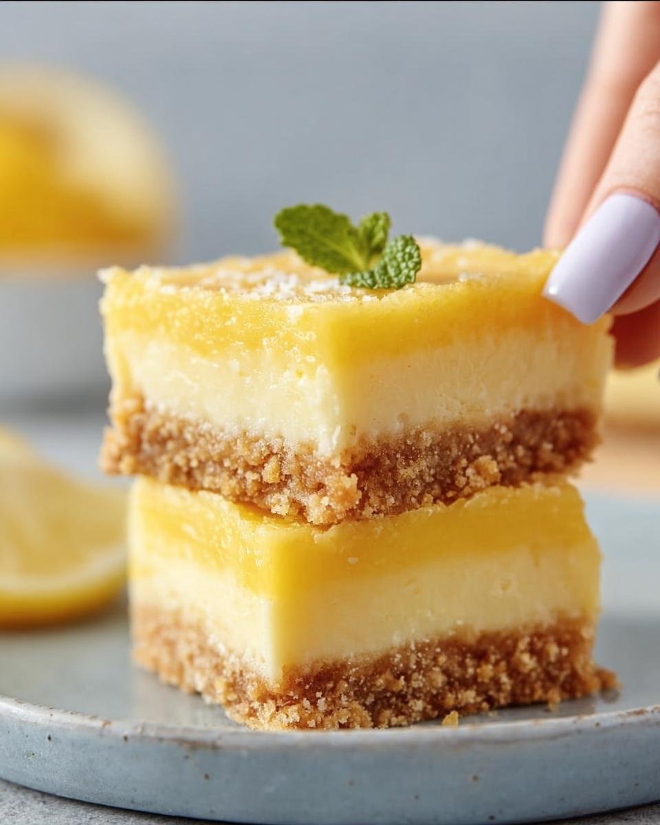 Two Creamy Lemon Squares stacked on a plate, topped with mint. A hand is reaching for the top square.