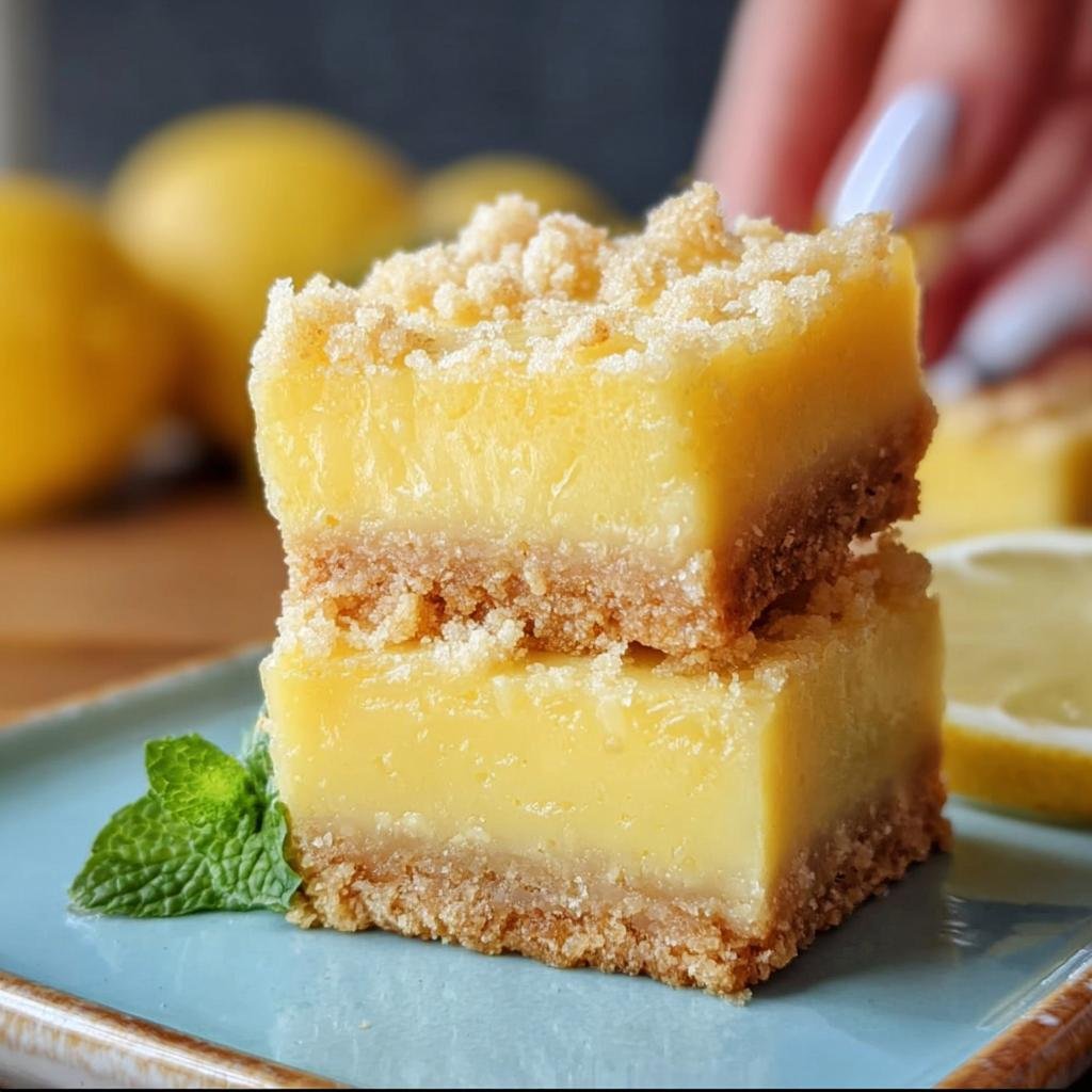 Two stacked Creamy Lemon Squares on a plate, featuring a crumbly crust, creamy lemon filling, and crumble topping.