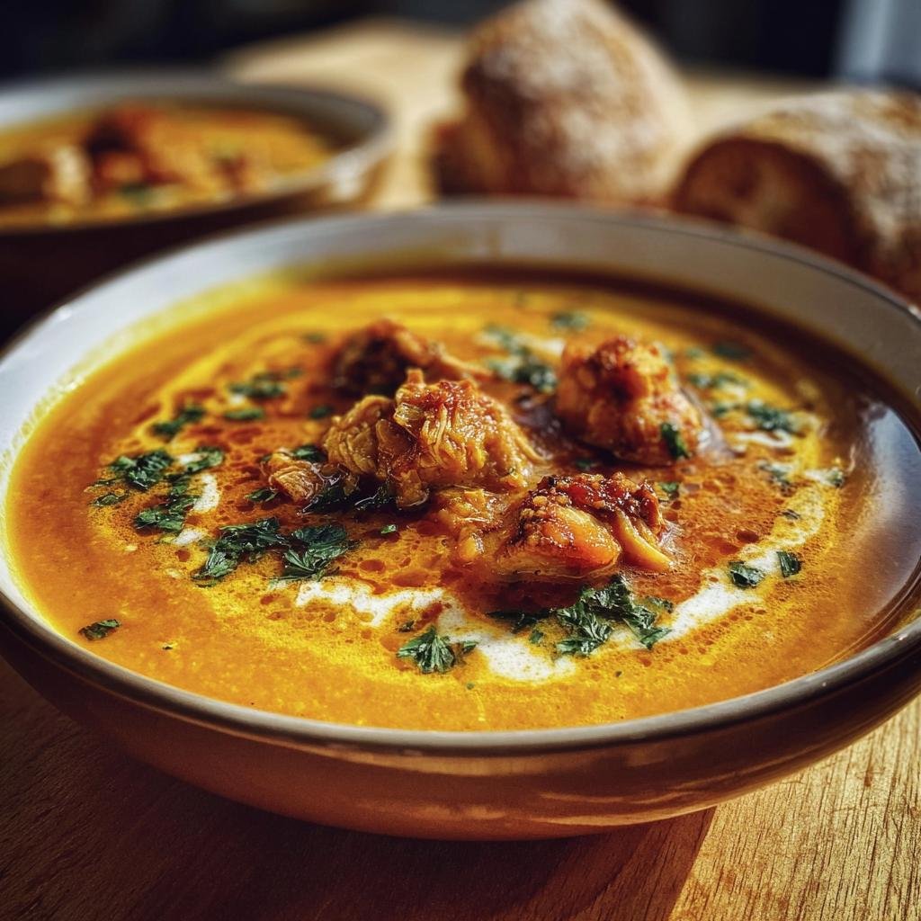 Close-up of a bowl of Creamy Pumpkin Chicken Soup, garnished with cream and parsley, served with bread.