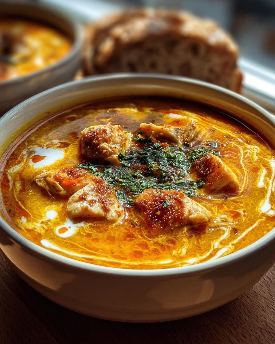 Close-up of a bowl of Creamy Pumpkin Chicken Soup garnished with fresh herbs and a swirl of cream.