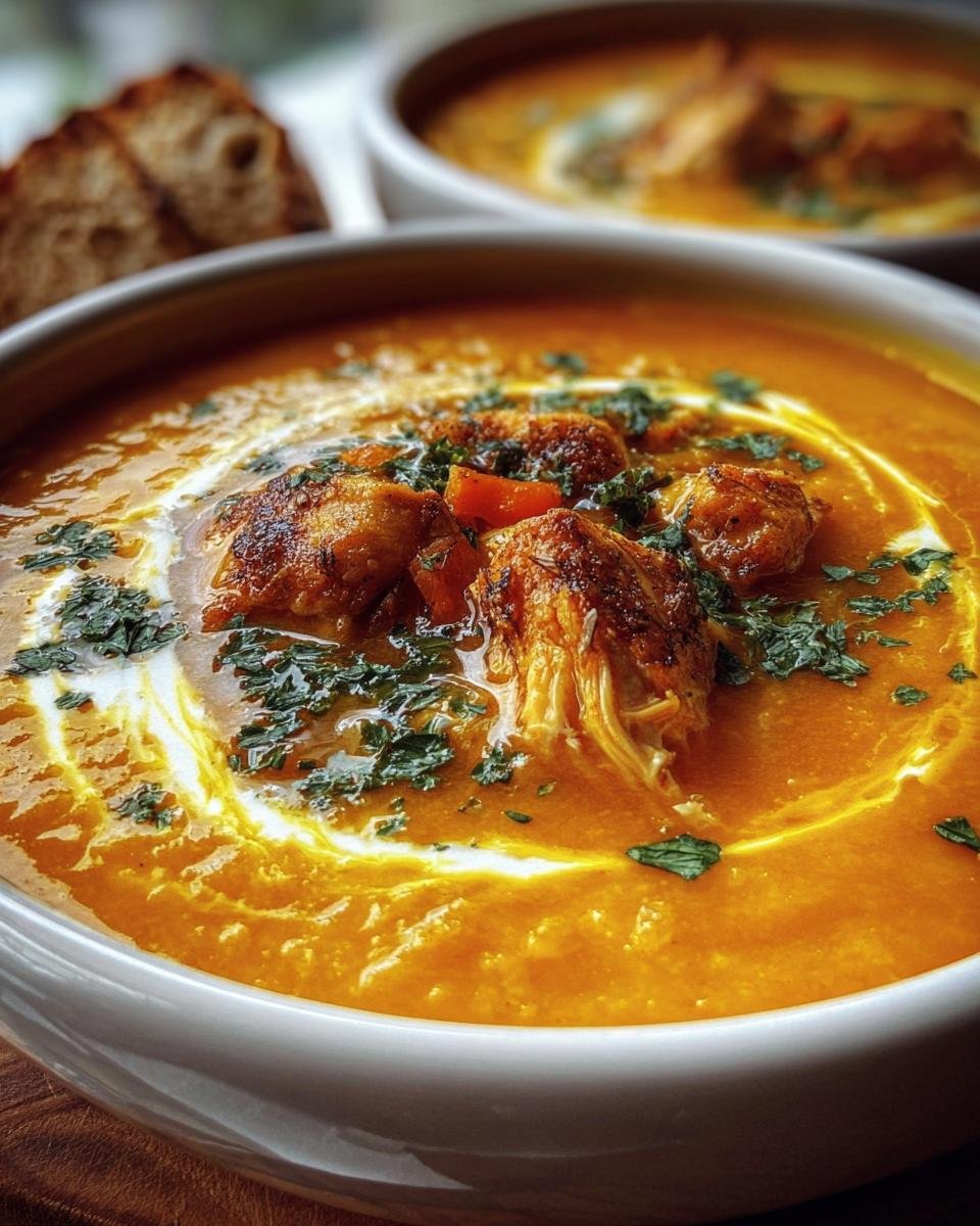 A bowl of Creamy Pumpkin Chicken Soup, garnished with herbs and a swirl of cream.