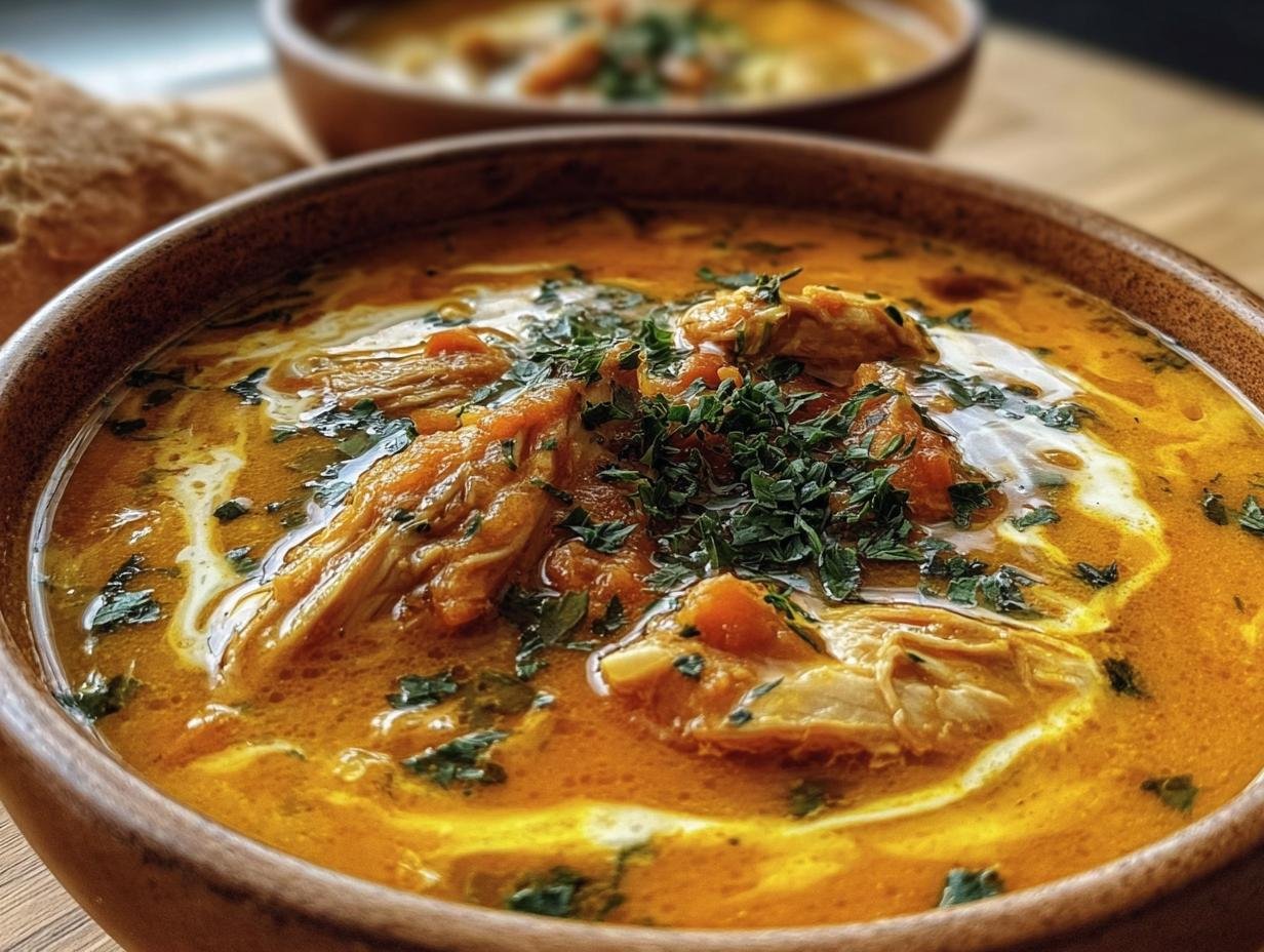 Close-up of Creamy Pumpkin Chicken Soup in a wooden bowl, garnished with fresh herbs and a swirl of cream.