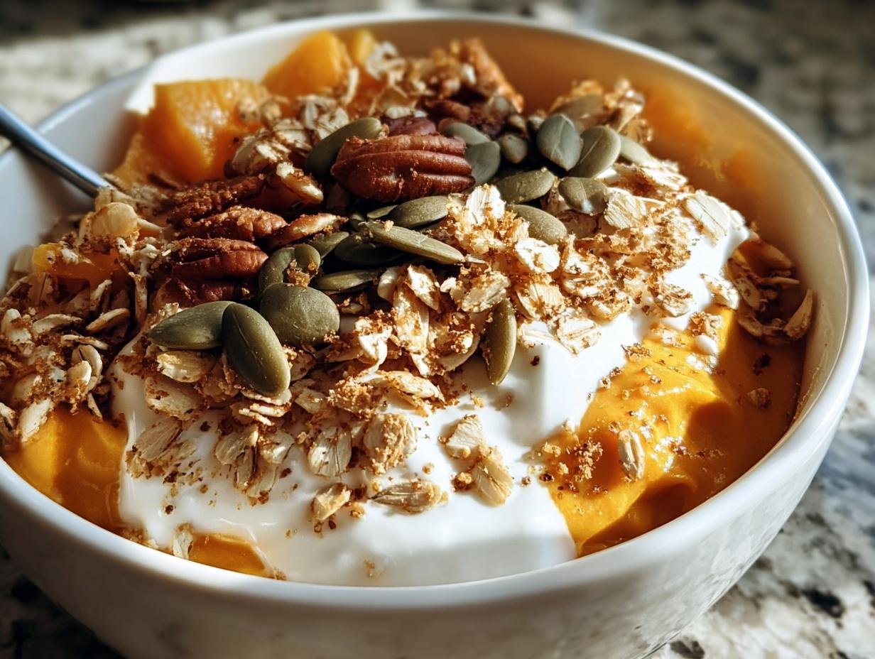 A Creamy Pumpkin Pie Yogurt Bowl topped with yogurt, granola, pecans, and pumpkin seeds in a white bowl.