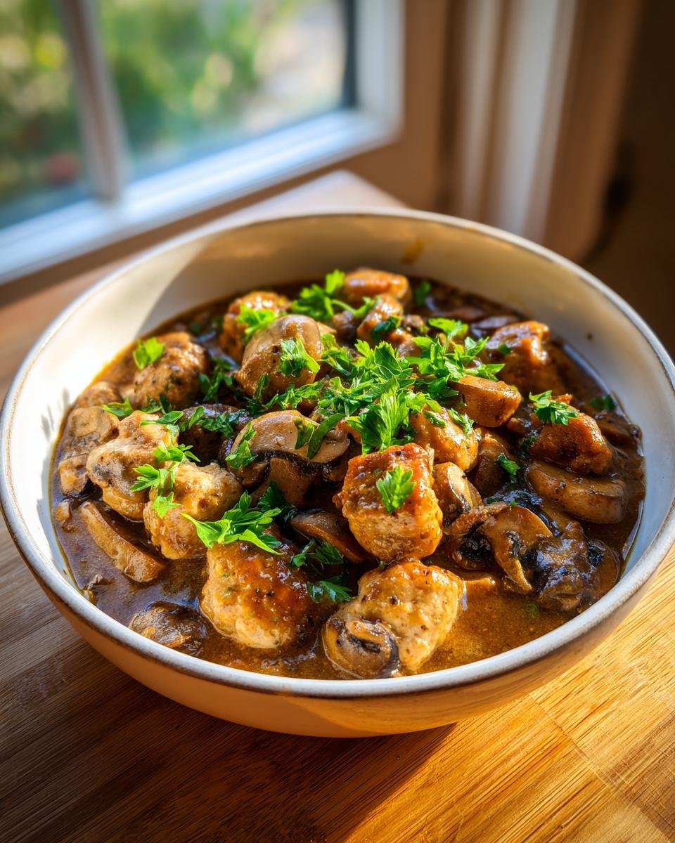 A bowl of Creamy Turkey Stroganoff, featuring turkey meatballs, mushrooms, and parsley garnish.