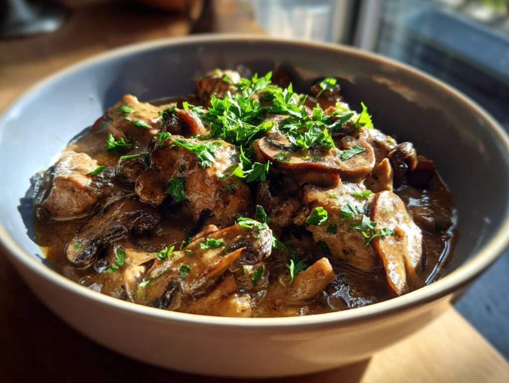A bowl of Creamy Turkey Stroganoff, lightened up, featuring tender turkey, sliced mushrooms, and fresh parsley.
