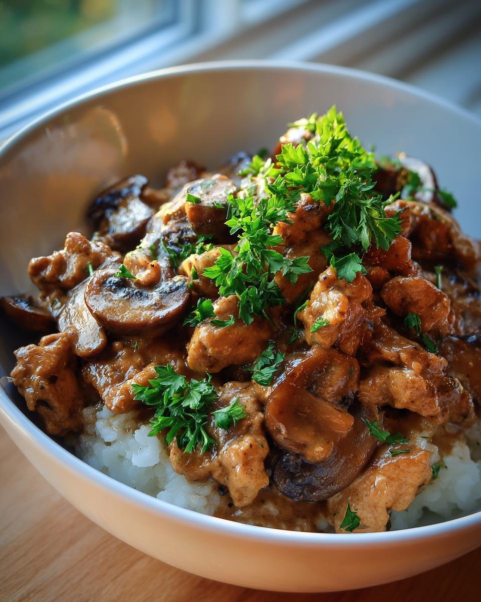 Close-up of Creamy Turkey Stroganoff (Lightened) in a white bowl, garnished with fresh parsley and served over rice.